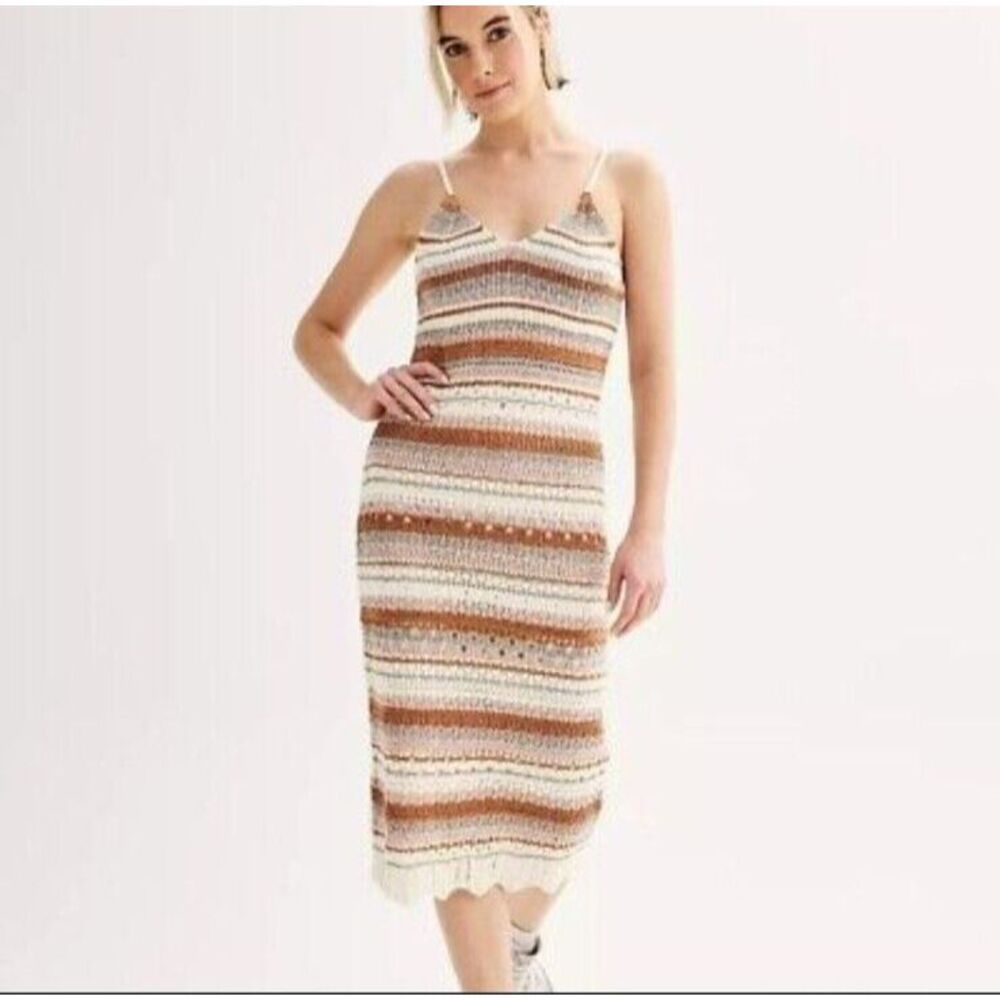 Women's Brown & Neutral Striped Crochet Boho V-neck Scalloped Midi Dress Sz S/M‎
